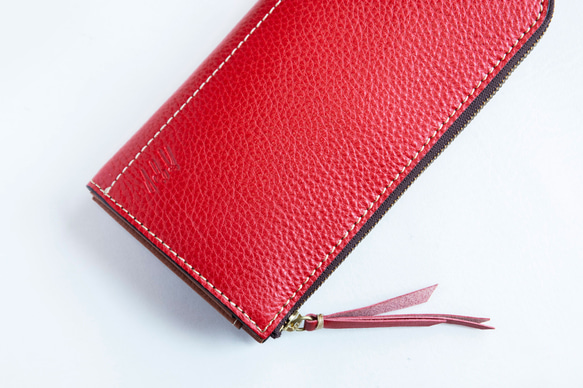 本革 L字ファスナー長財布 レディース レッド キャッシュレス