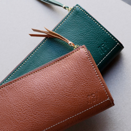 本革 L字ファスナー長財布 レディース キャメル キャッシュレス グロス
