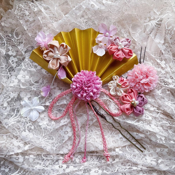 成人式ヘア　結婚式ヘア　和婚　髪飾り 大正ロマン　粋なはいから扇飾り(SAKURASAKU) 桜咲く 1枚目の画像