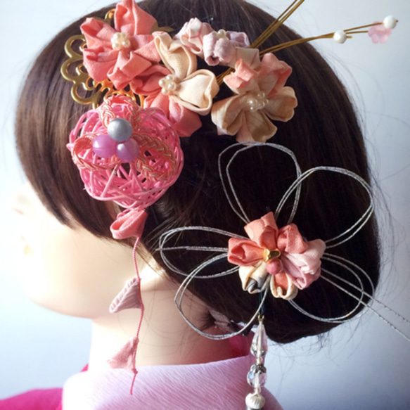 和風アクセサリー(つまみ細工ヘアゴム、和風桜ヘアピン) ぽし