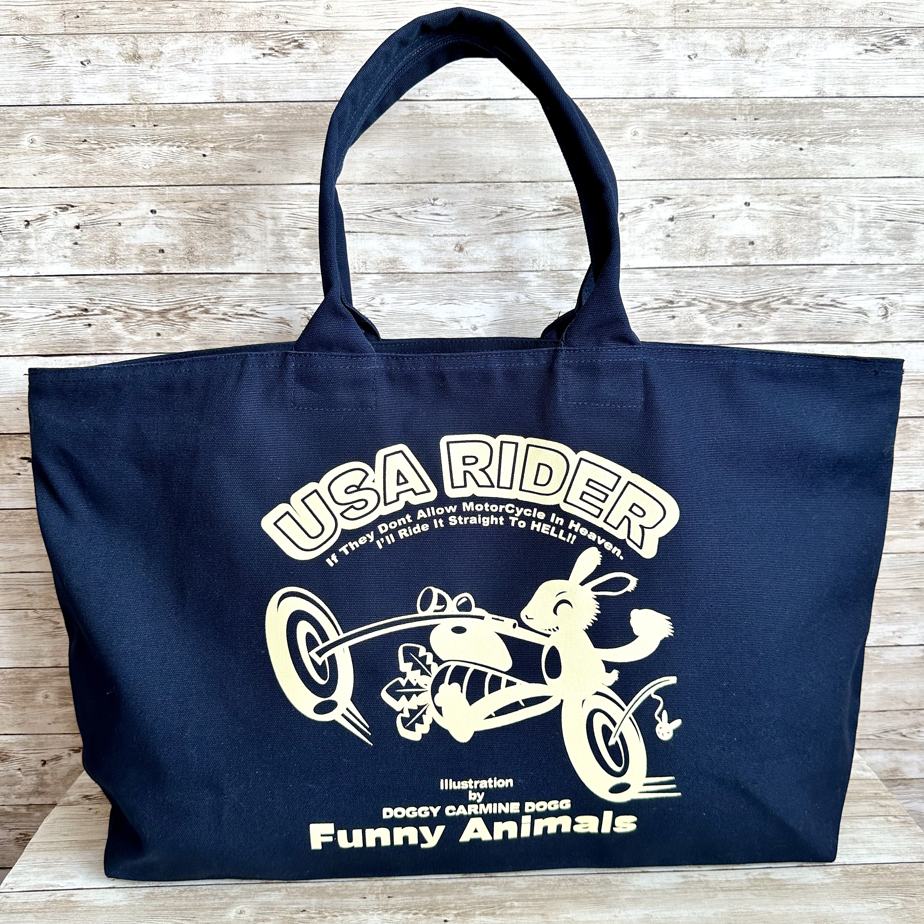 「USA RIDER/ウサライダー」大型 キャンバス ジップ トートバック・ネイビー うさぎ バイク