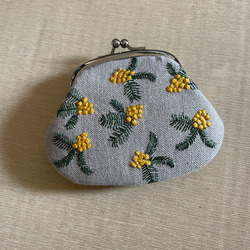 刺繡がまぐち　リネン　ミモザ　 1枚目の画像