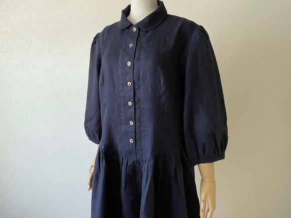 ポーリッシュリネン パフ袖 丸襟 ワンピース 七分袖 濃紺 ネイビー