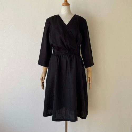 OUR カシュクールワンピース　ブラック ポーリッシュリネン カシュクールワンピース 七分袖 黒 ブラック