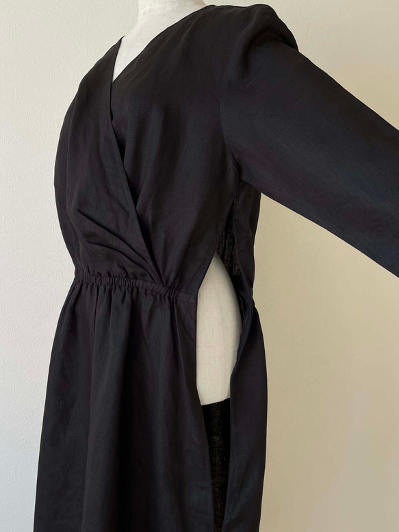 ポーリッシュリネン カシュクールワンピース 七分袖 黒 ブラック 無地 S～L 共布ベルトつき 10枚目の画像