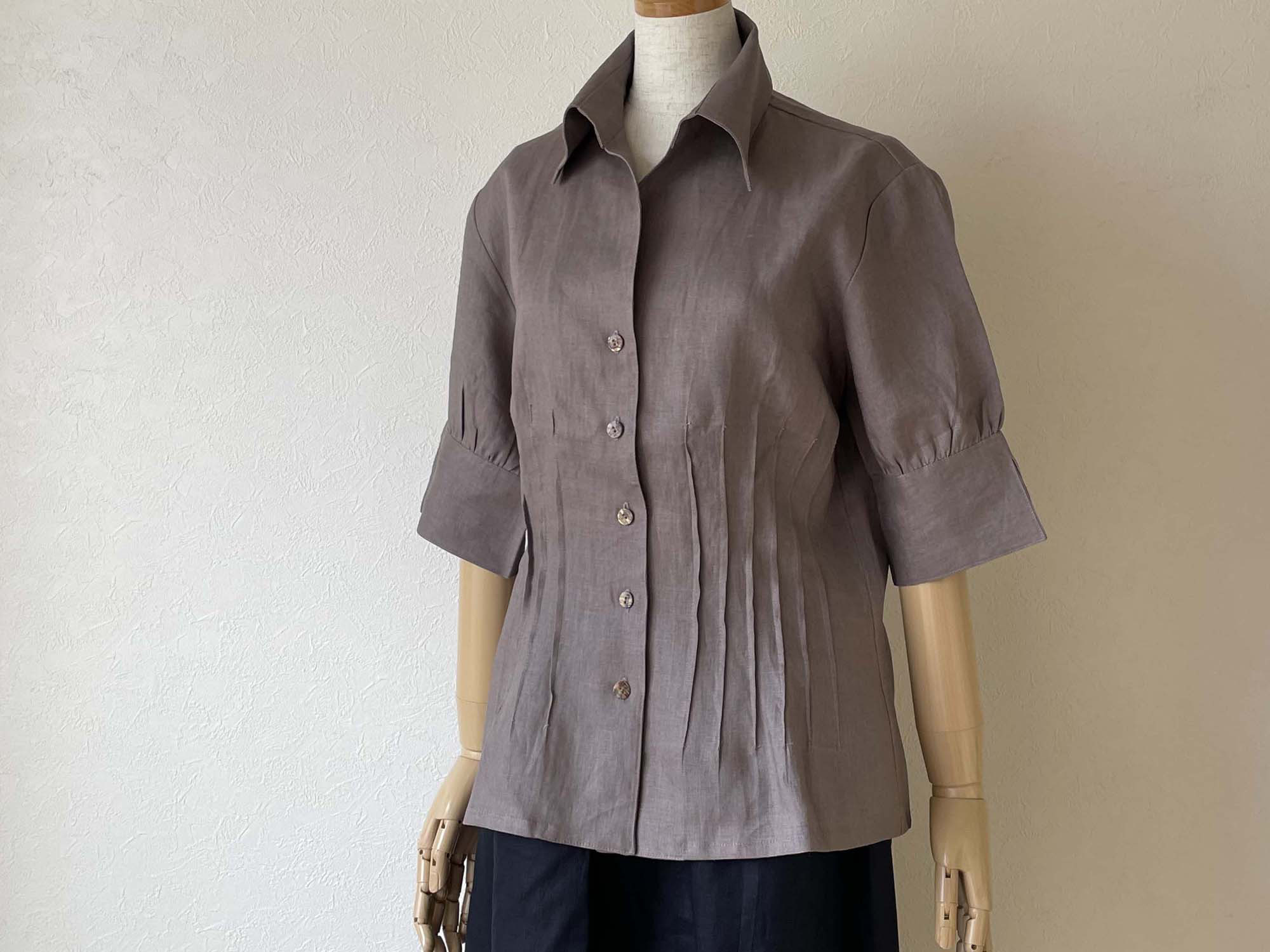 ポーリッシュリネン シャツカラーブラウス 五分袖 灰紫 無地 M～L