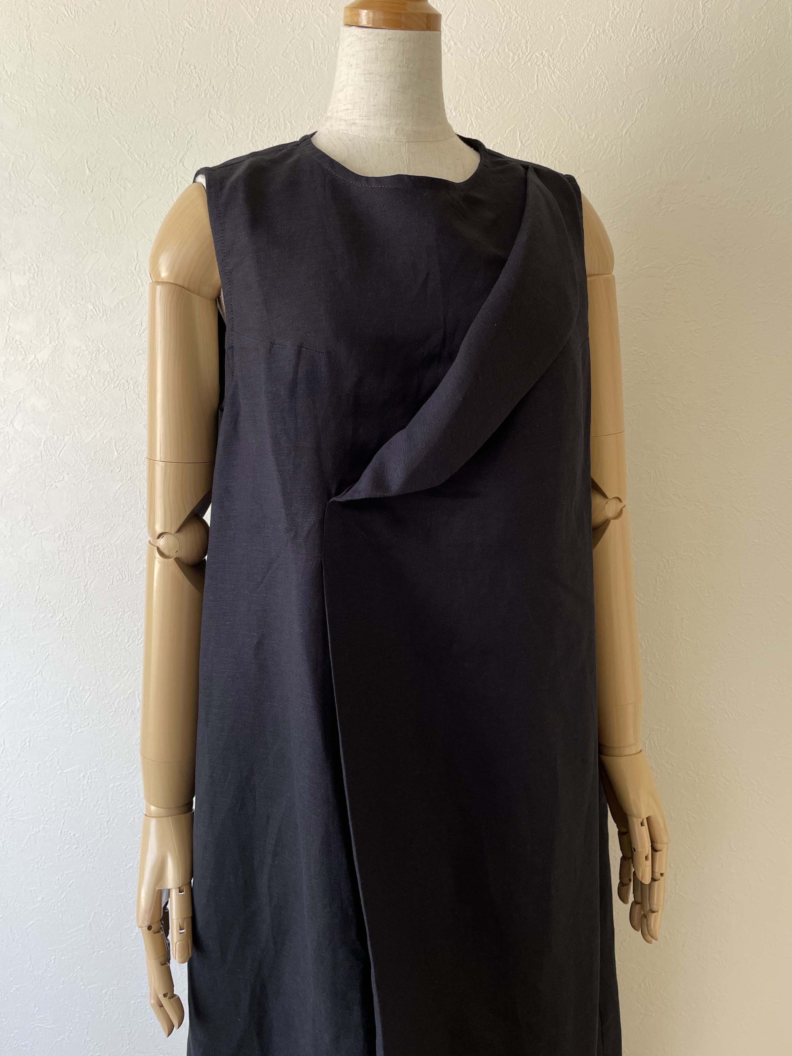 リネン フラップカラー ワンピース ノースリーブ 濃紺 ネイビー 無地 ロング フリーサイズ 裏地つき
