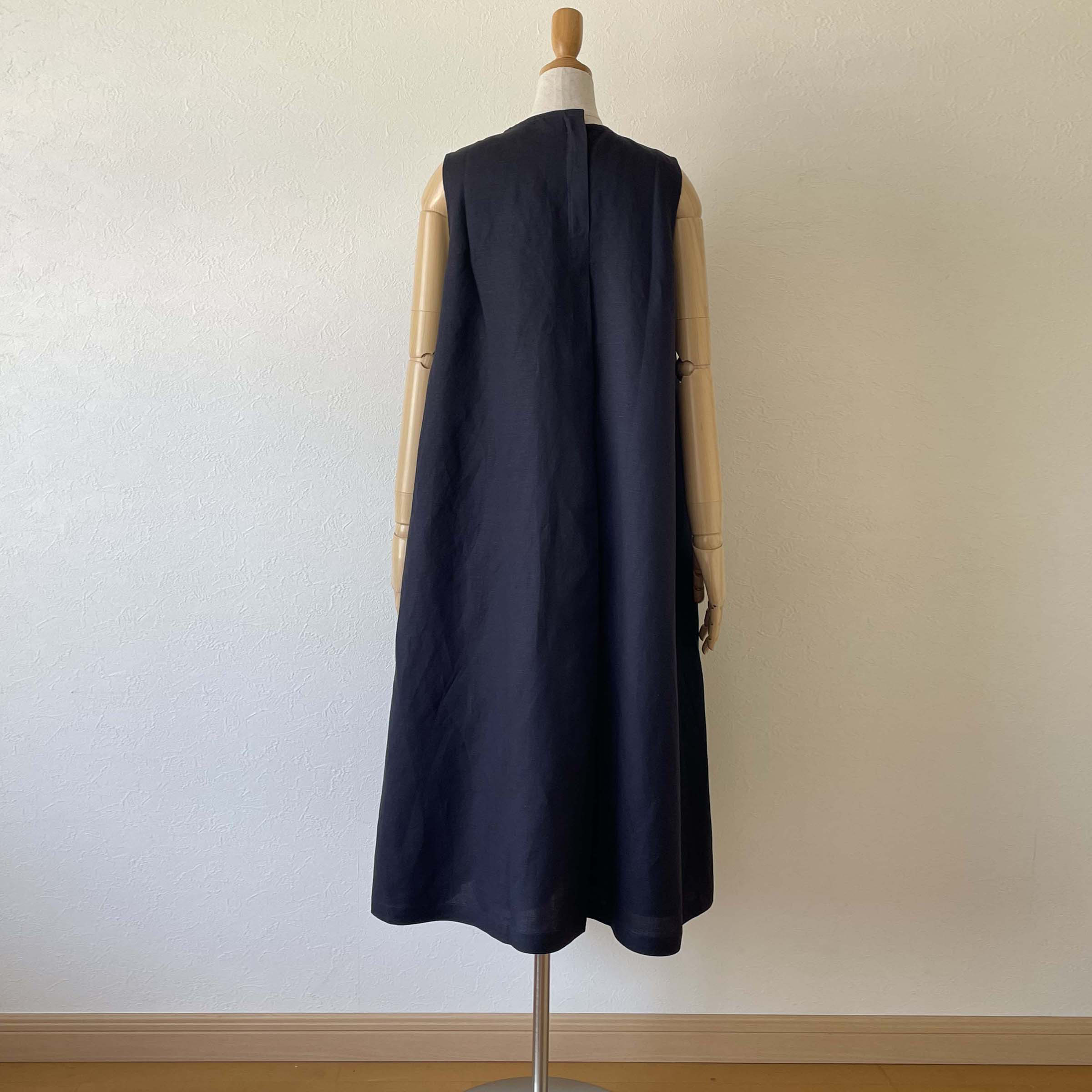 リネン フラップカラー ワンピース ノースリーブ 濃紺 ネイビー 無地 ロング フリーサイズ 裏地つき