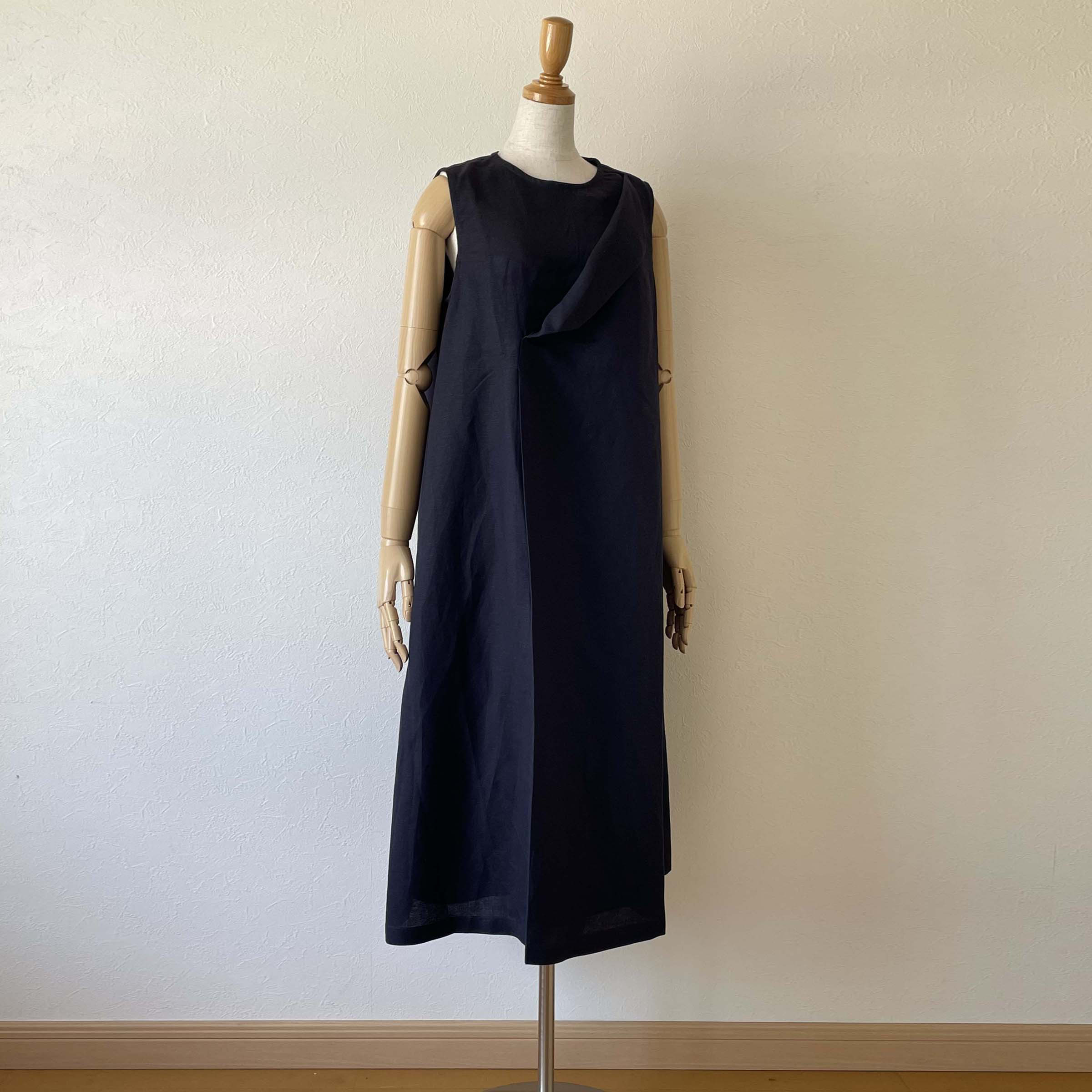 リネン フラップカラー ワンピース ノースリーブ 濃紺 ネイビー 無地 ロング フリーサイズ 裏地つき