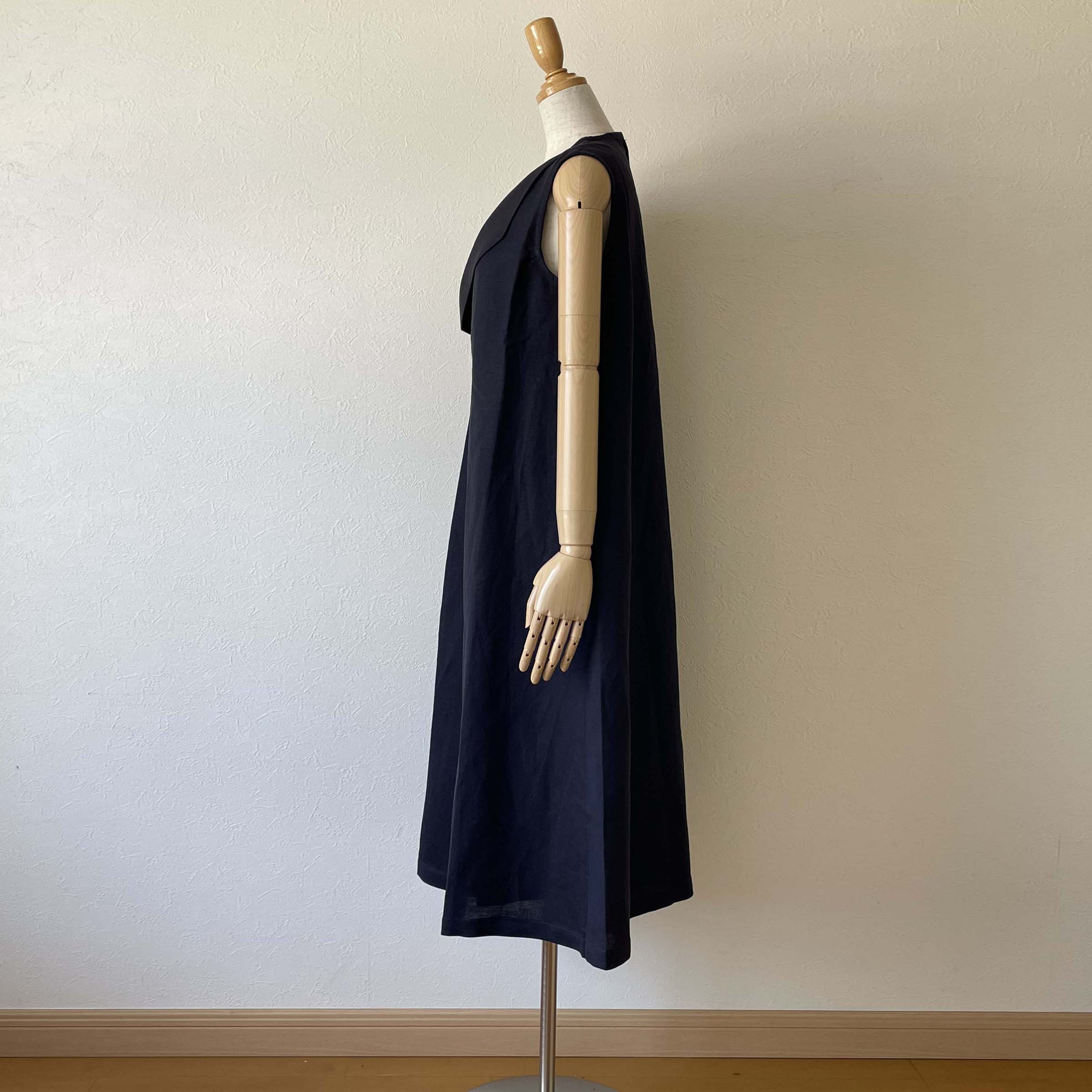 リネン フラップカラー ワンピース ノースリーブ 濃紺 ネイビー 無地 ロング フリーサイズ 裏地つき