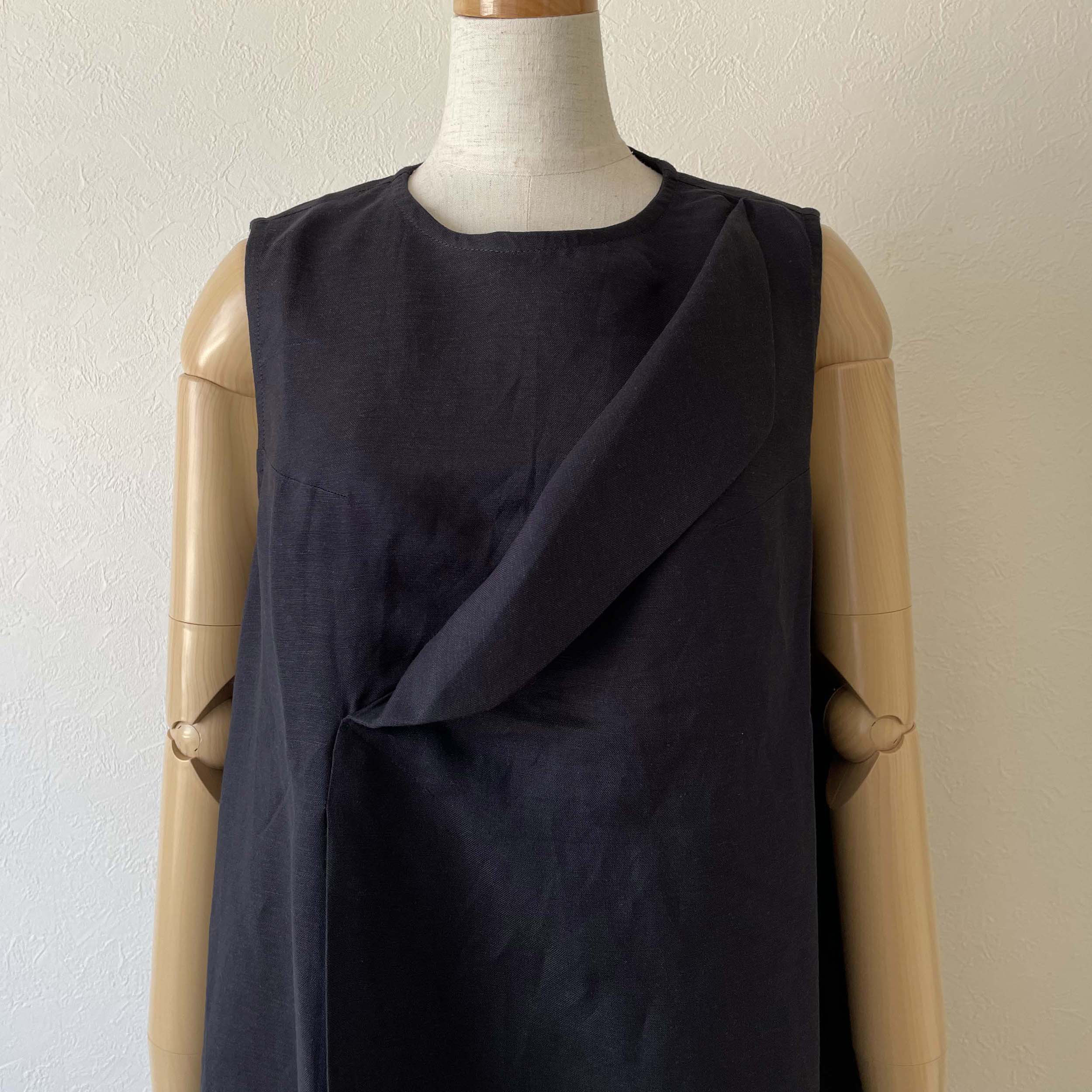 リネン フラップカラー ワンピース ノースリーブ 濃紺 ネイビー 無地 ロング フリーサイズ 裏地つき
