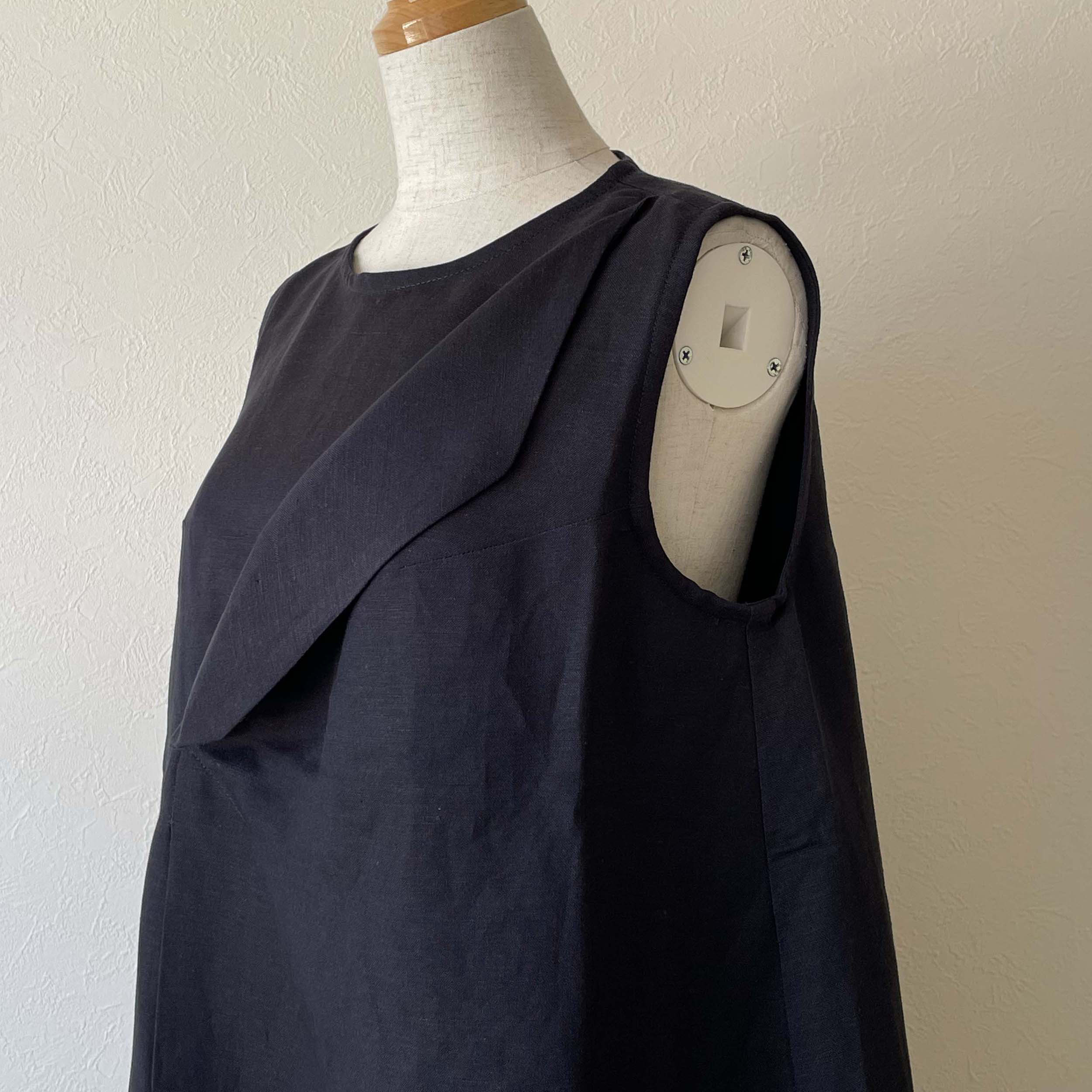 リネン フラップカラー ワンピース ノースリーブ 濃紺 ネイビー 無地 ロング フリーサイズ 裏地つき