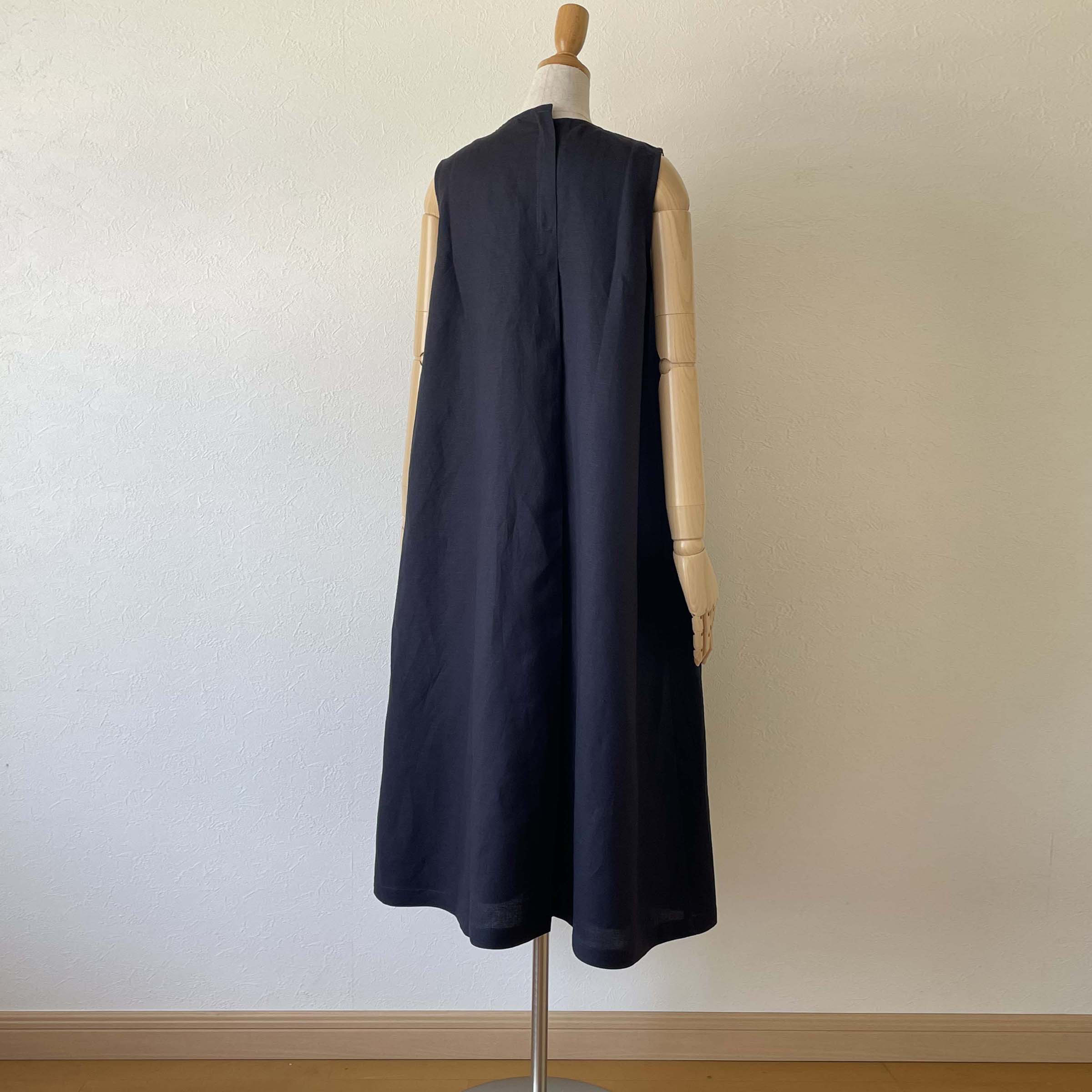 リネン フラップカラー ワンピース ノースリーブ 濃紺 ネイビー 無地 ロング フリーサイズ 裏地つき