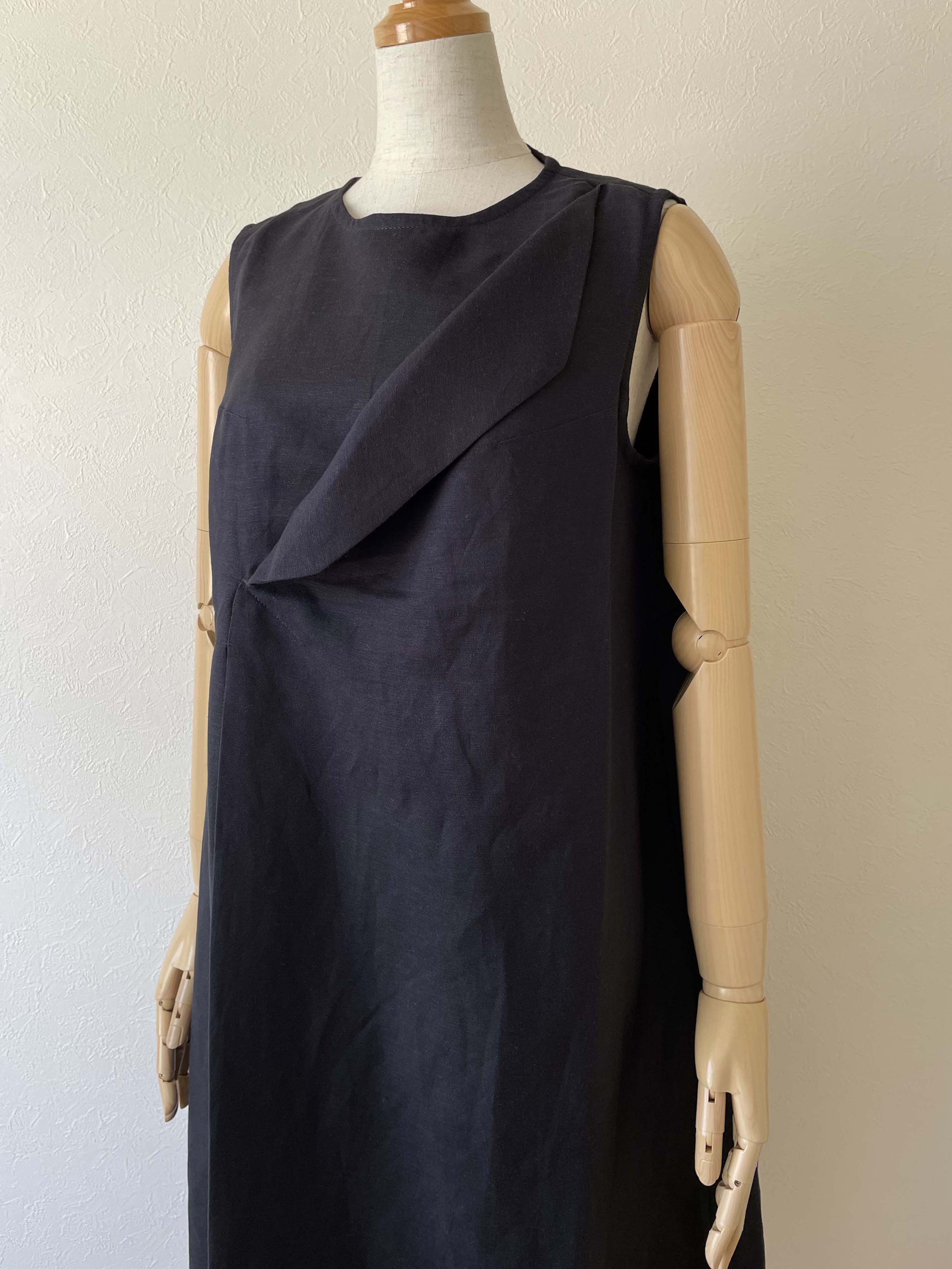 リネン フラップカラー ワンピース ノースリーブ 濃紺 ネイビー 無地 ロング フリーサイズ 裏地つき