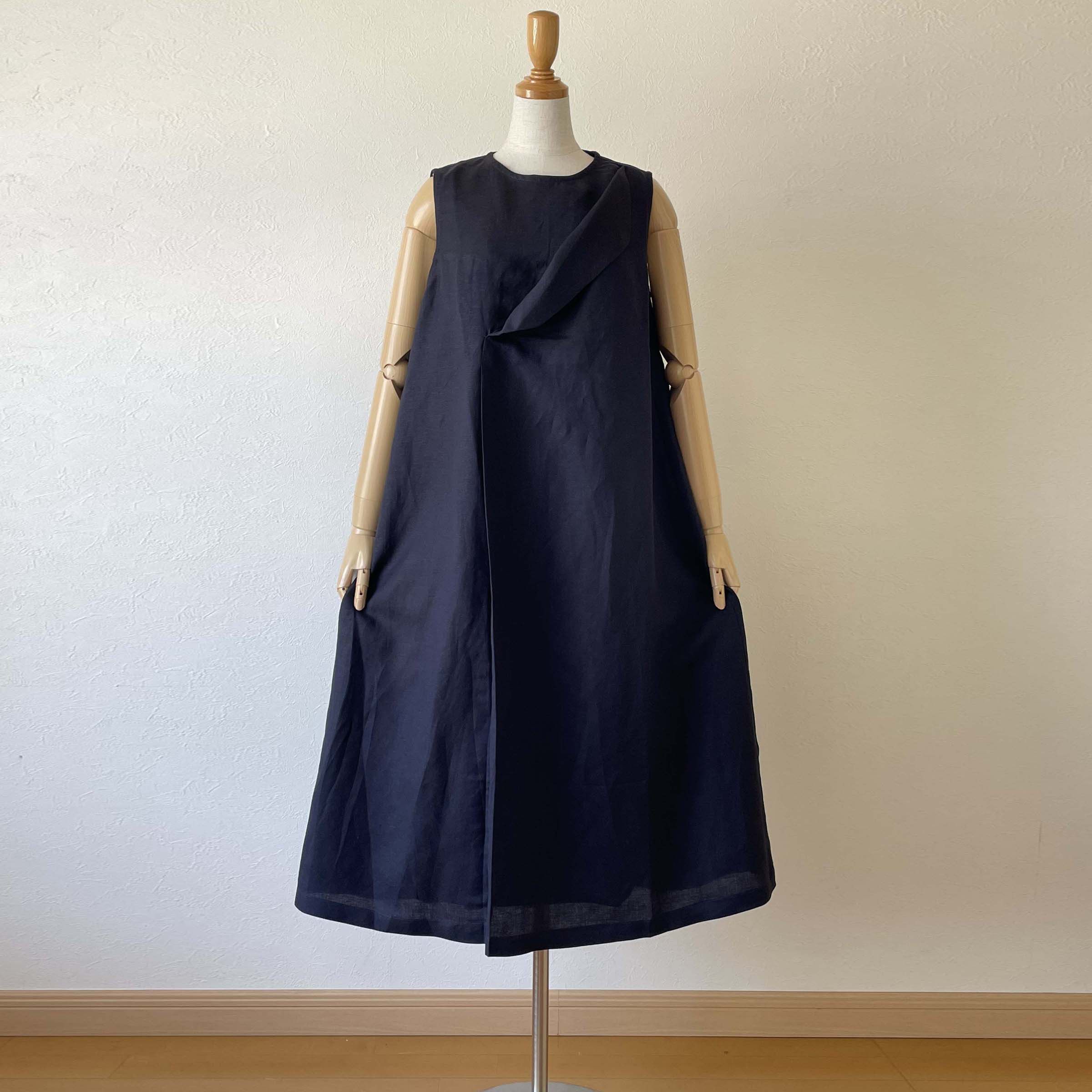 リネン フラップカラー ワンピース ノースリーブ 濃紺 ネイビー 無地 ロング フリーサイズ 裏地つき