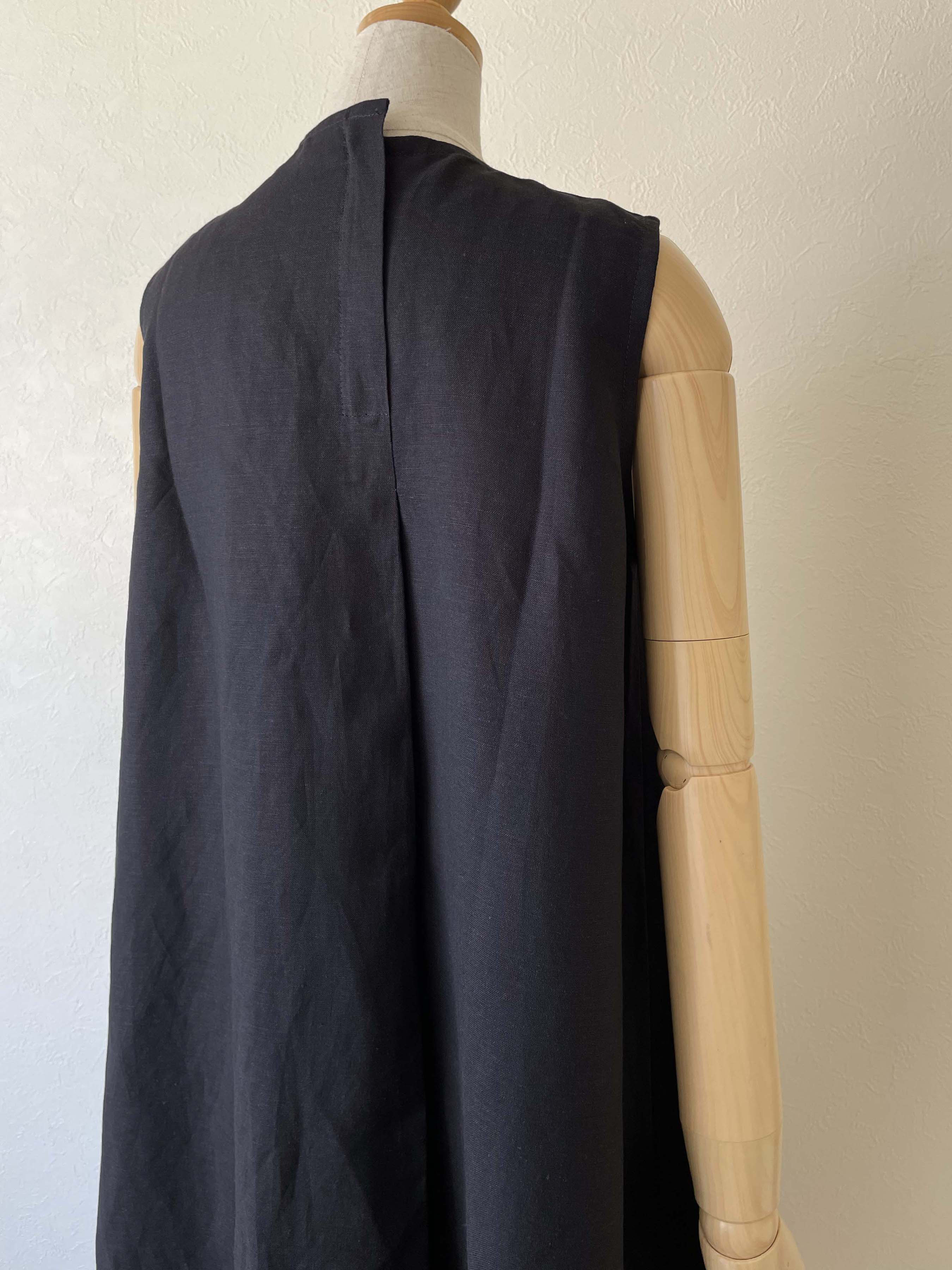 リネン フラップカラー ワンピース ノースリーブ 濃紺 ネイビー 無地 ロング フリーサイズ 裏地つき