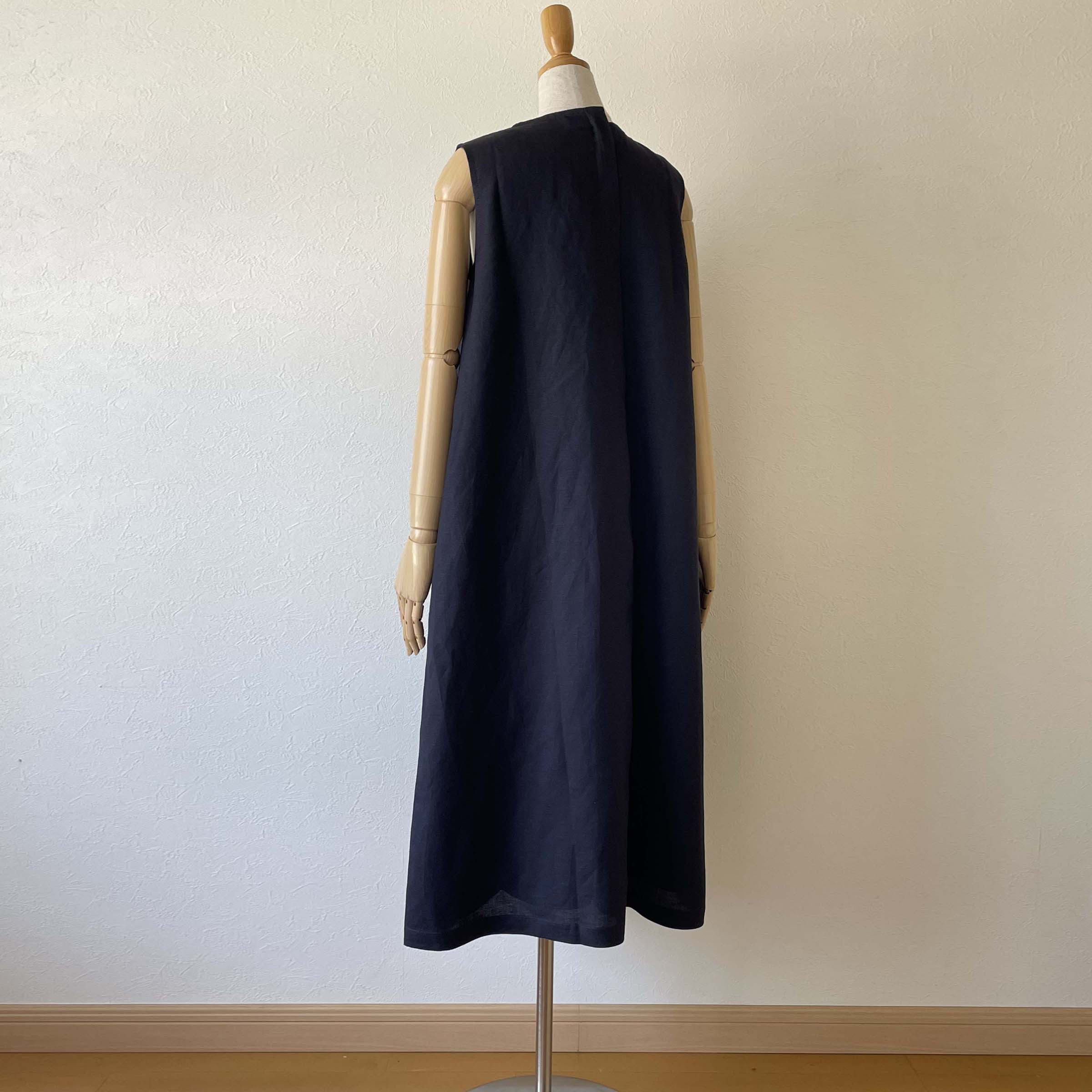 リネン フラップカラー ワンピース ノースリーブ 濃紺 ネイビー 無地 ロング フリーサイズ 裏地つき