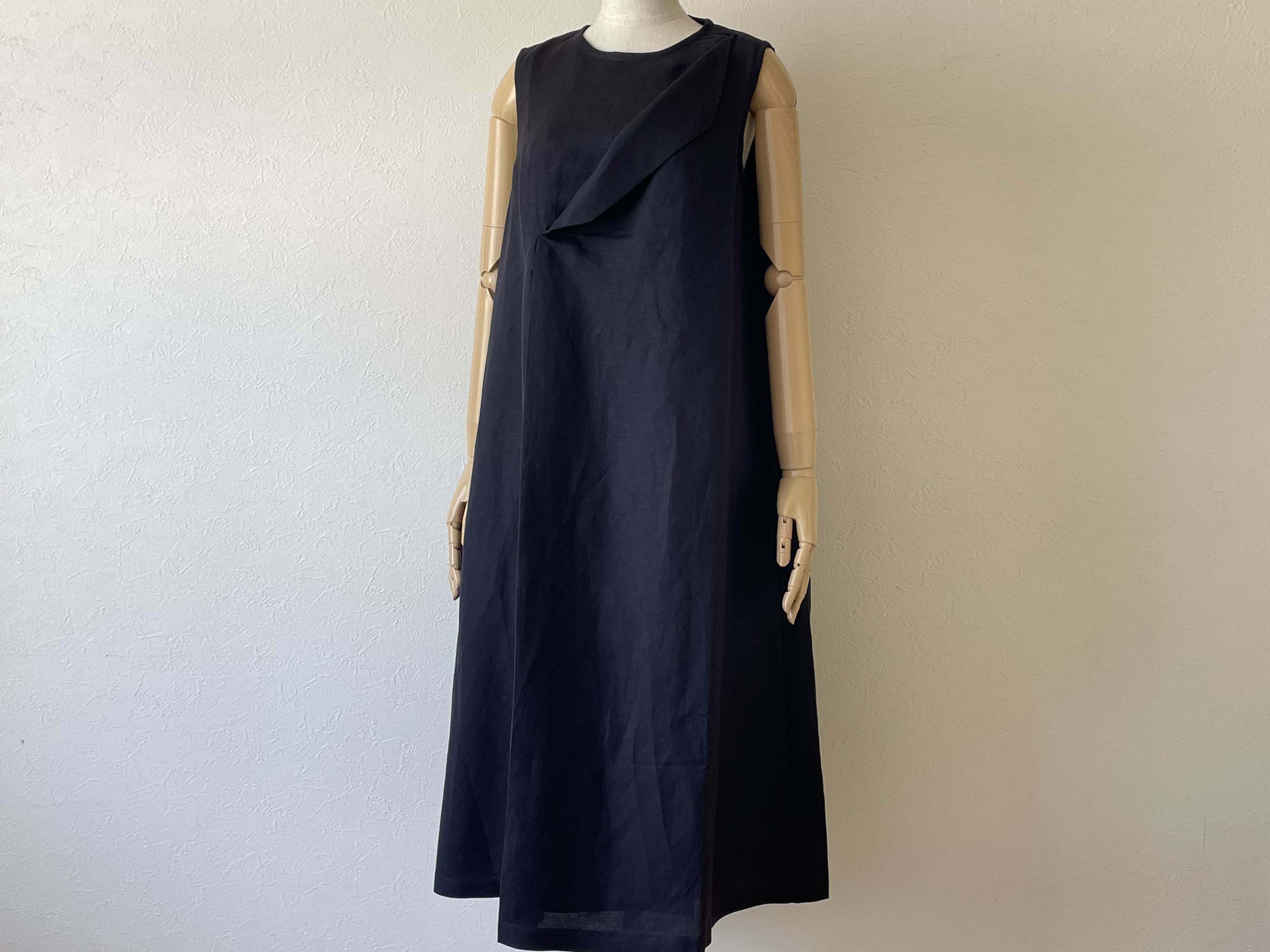 リネン フラップカラー ワンピース ノースリーブ 濃紺 ネイビー 無地 ロング フリーサイズ 裏地つき