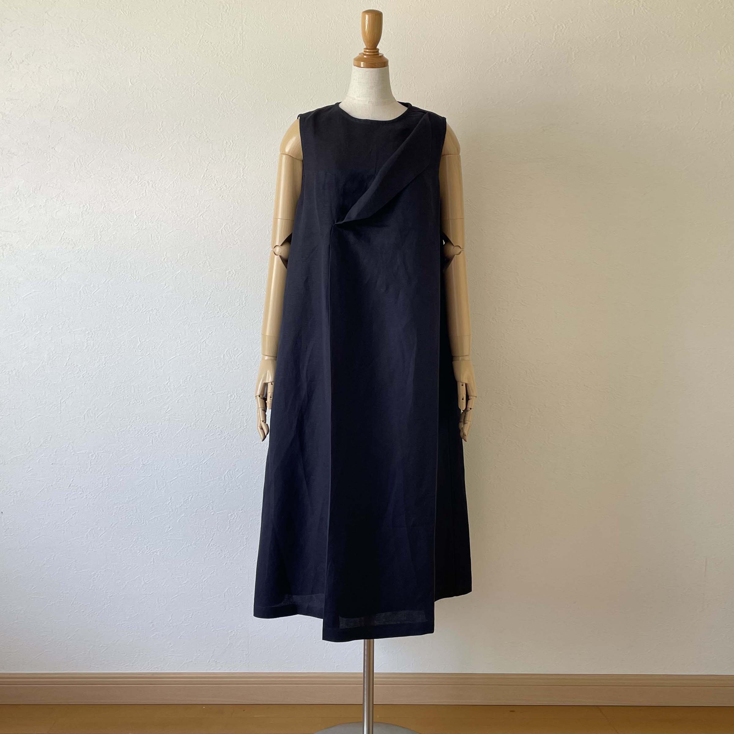 リネン フラップカラー ワンピース ノースリーブ 濃紺 ネイビー 無地 ロング フリーサイズ 裏地つき