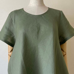 ポーリッシュリネン 裾がアシンメトリーのフレアワンピース ラウンドネック 半袖 セージグリーン 無地 M～Lサイズ 6枚目の画像