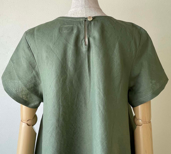 ポーリッシュリネン 裾がアシンメトリーのフレアワンピース ラウンドネック 半袖 セージグリーン 無地 M～Lサイズ 7枚目の画像