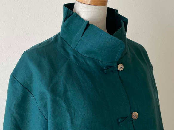 ポーリッシュリネン スタンドカラー ジャケット 長袖 深緑 ディープグリーン 無地 7枚目の画像