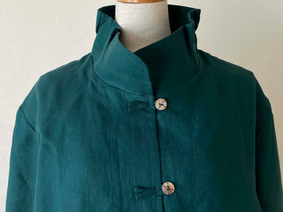 ポーリッシュリネン スタンドカラー ジャケット 長袖 深緑 ディープグリーン 無地 6枚目の画像