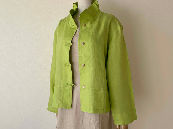 ポーリッシュリネン スタンドカラー ジャケット 長袖 ライムグリーン