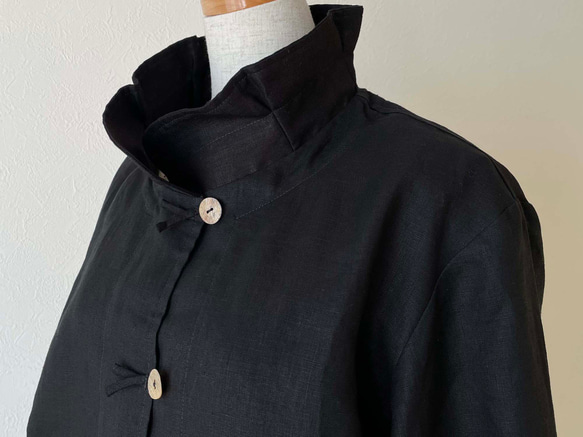 ポーリッシュリネン スタンドカラー ジャケット 長袖 黒 ブラック 無地 8枚目の画像
