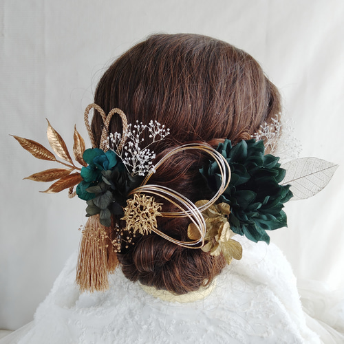 グリーン　和装髪飾り　成人式髪飾り　振袖髪飾り　着物髪飾り　色打掛髪飾り　結婚式 送料無料 グリーン若草色&ホワイト 和装 振袖 髪飾り 成人式