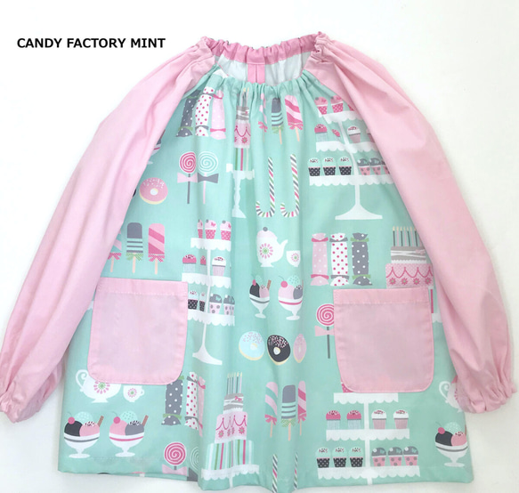 SALE!! 30%OFF!! 長袖スモック＊CANDY FACTORY WHITE＊100〜120ポケット付き 4枚目の画像