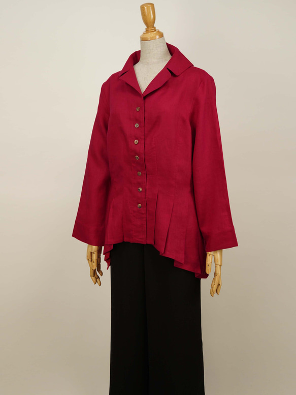 ポーリッシュリネン テーラードカラー 裾がアシンメトリーのジャケット 長袖 赤 無地 10枚目の画像