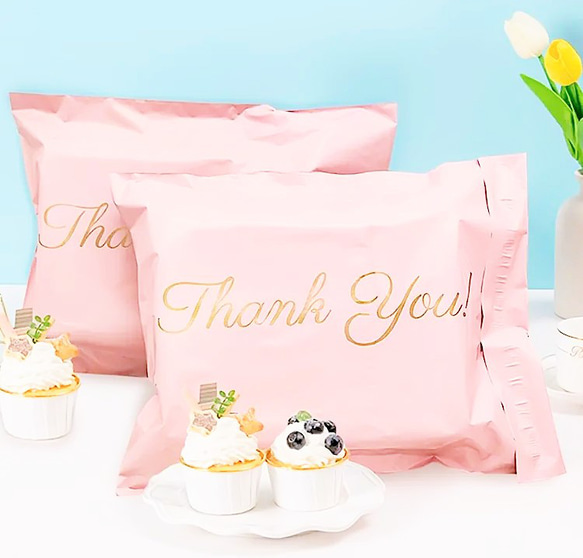 【１５×２３ｃｍ】宅配ビニール袋　ありがとうピンクシールドギフトバッグ 1枚目の画像