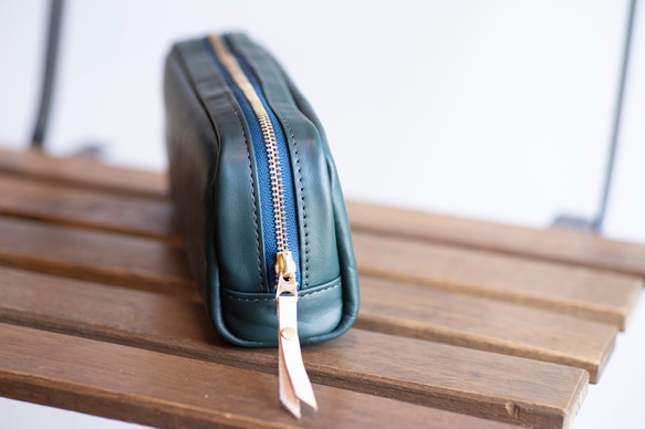 柔らかなポーチ　ホースレザー　ペンケース　ブルーグリーン　化粧ポーチ　トラベルポーチ　馬革 apo-06ps 2枚目の画像