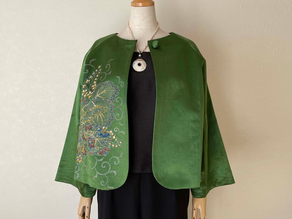 袋帯をリメイクしたジャケット ノーカラー フォーマル 手描きの点描絵  