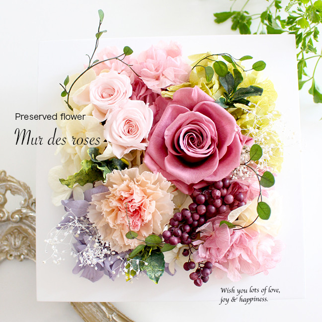 大輪ローズとカーネーションのフレームアレンジ（ピンクライラック）【プリザーブドフラワー】誕生日 還暦古希 退職　母の日