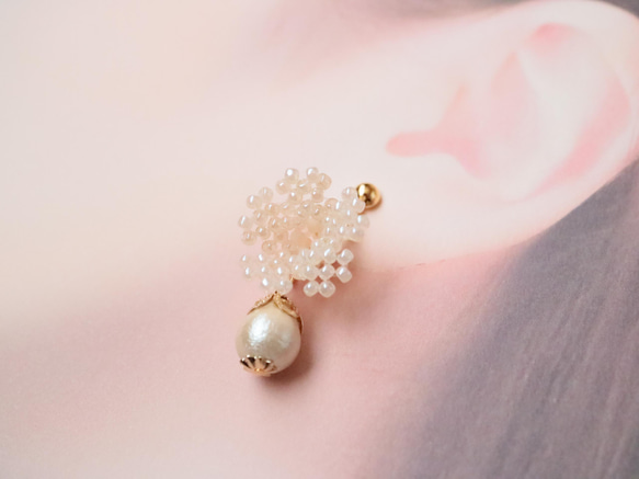 仙女帽棉質珍珠耳環（奶油色）*精緻蕾絲清爽利落優雅可愛俏麗花朵米色報春花 第6張的照片