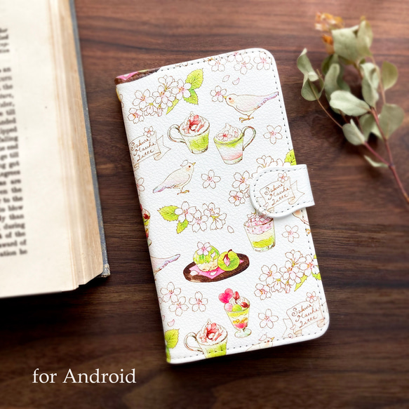 SakuraMacchaLatte手帳型スマホケース（iPhone/Android全機種対応）春の桜抹茶とピンクの小鳥柄 6枚目の画像