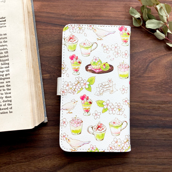 SakuraMacchaLatte手帳型スマホケース（iPhone/Android全機種対応）春の桜抹茶とピンクの小鳥柄 7枚目の画像