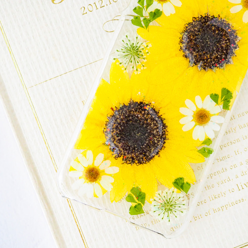 向日葵の押し花スマホケース　フルオーダー 夏色ひまわりの押し花ケース＊282 全機種対応 本物のお花 スマホ