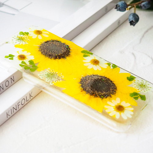 向日葵の押し花スマホケース　フルオーダー 夏色ひまわりの押し花ケース＊282 全機種対応 本物のお花 スマホ
