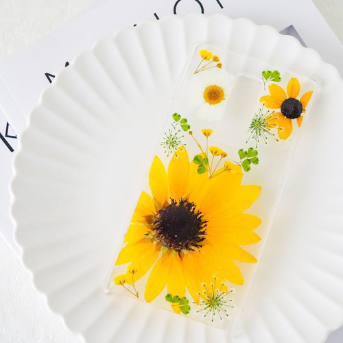 夏色ひまわりの押し花スマホケース＊284 全機種対応 手帳型