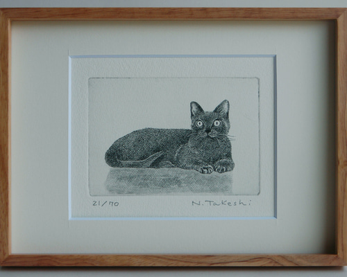 額付き銅版画応用絵画　「ひらめき猫」 猫の額付き銅版画 title「ひらめき猫」
