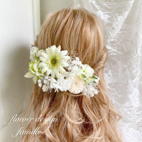 ライトグリーン ガーベラ かすみ草 プリンセスの髪飾り ✧ ヘッド