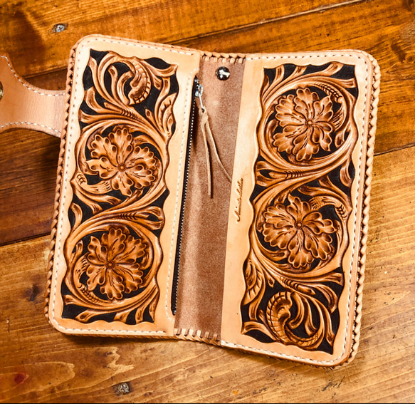 カービングウォレット フルカスタム 長財布 バイカーウォレット ハーマンオークレザー 手彫り 質感最高 ロングウォレット 