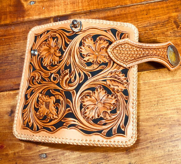カービングウォレット フルカスタム 長財布 バイカーウォレット ハーマンオークレザー 手彫り 質感最高 ロングウォレット 