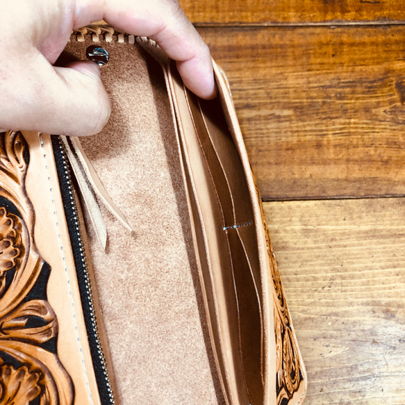 カービングウォレット フルカスタム 長財布 バイカーウォレット ハーマンオークレザー 手彫り 質感最高 ロングウォレット 