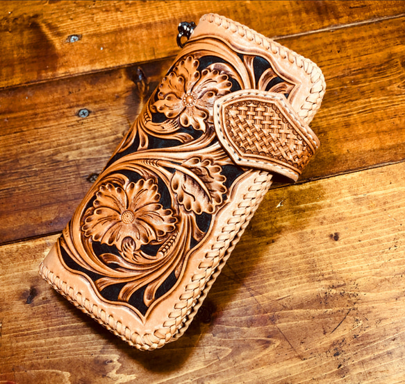 カービングウォレット フルカスタム 長財布 バイカーウォレット ハーマンオークレザー 手彫り 質感最高 ロングウォレット 