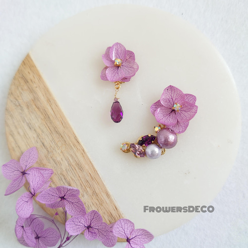 紫陽花ヒラリ藍色【イヤーカフ&イヤリング・ピアス】雨ノシズク 