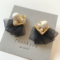 再販6【rie.t】ブラックオーガンジーリボン♡イヤリングorピアス
